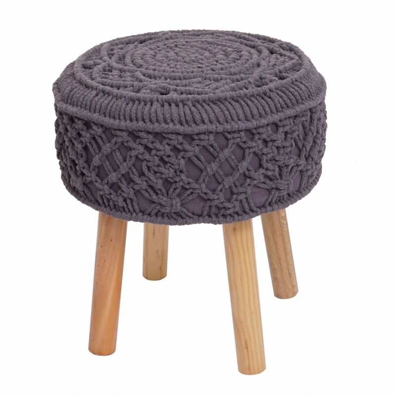 Taburetka J43 80482 - macrame, látka / dřevo, 45 x 41cm - Tmavě šedá