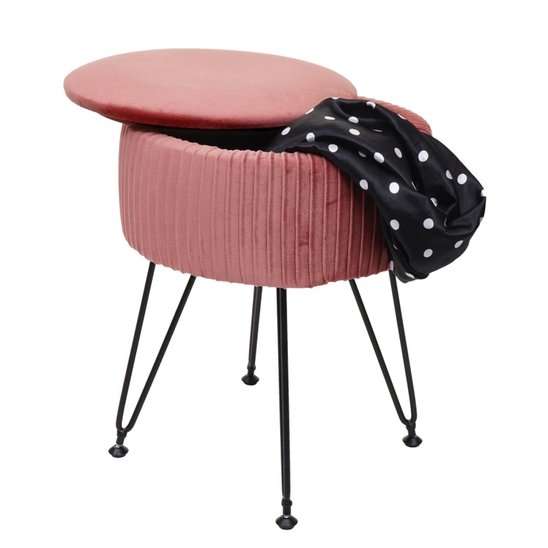 Taburetka s úložným prostorem K47 - samet, v45 x Ø33 cm - Růžová / černá