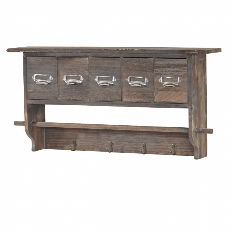 Nástěnná polička C49 vintage s 5 zásuvkami - 32x65x13cm - Hnědá