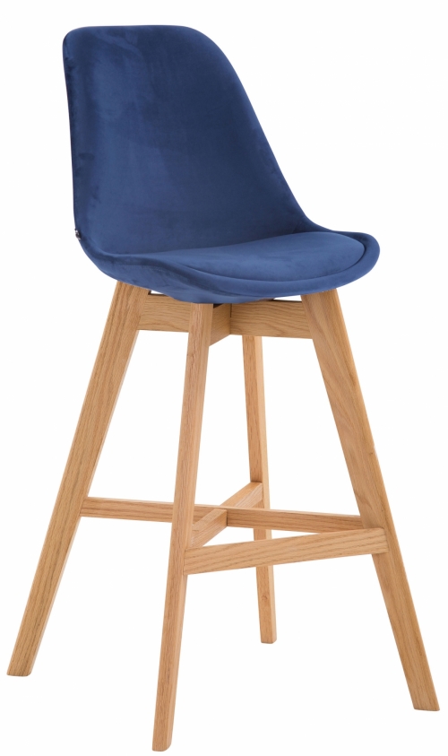 Barová židle Cannes ~ samet, dřevěné nohy natura - Modrá