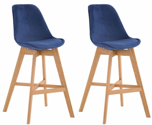 Barová židle Cannes ~ samet, dřevěné nohy natura (SET 2 ks)  - Modrá