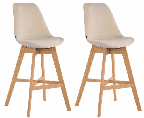 Barová židle Cannes ~ samet, dřevěné nohy natura (SET 2 ks)  - Krémová