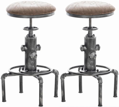 Kovová barová židle Lumo Vintage industriální (SET 2 ks) - Antik stříbrná / hnědý sedák