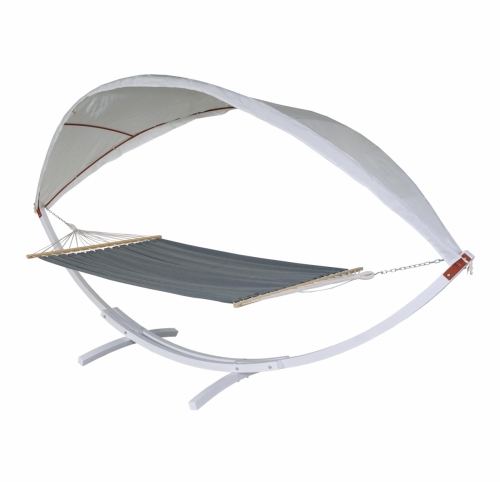 Houpací síť HWC-J47 se stříškou pro 2 osoby, dřevo, 420cm - bílá, šedá