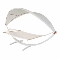 Houpací síť HWC-J47 se stříškou pro 2 osoby, dřevo, 420cm - bílá, krémově-bílá