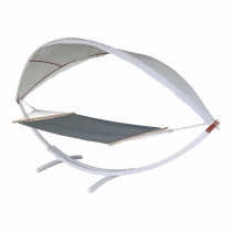 Houpací síť HWC-J47 se stříškou pro 2 osoby, dřevo, 420cm - bílá, šedá